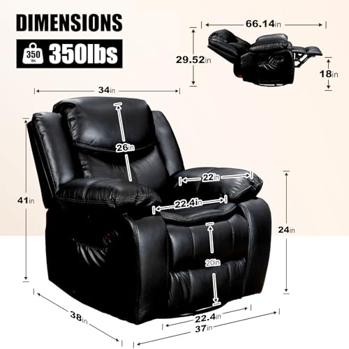 Recliner Chair, PU Leather Recliners with Massage and Heating, 37" Width Reclining Chair Sofa for Living Room, Bedroom, Nursery, Manual Recliner Chairs for Reading/Nap/Relax/Casual（Air Leather, Black）
