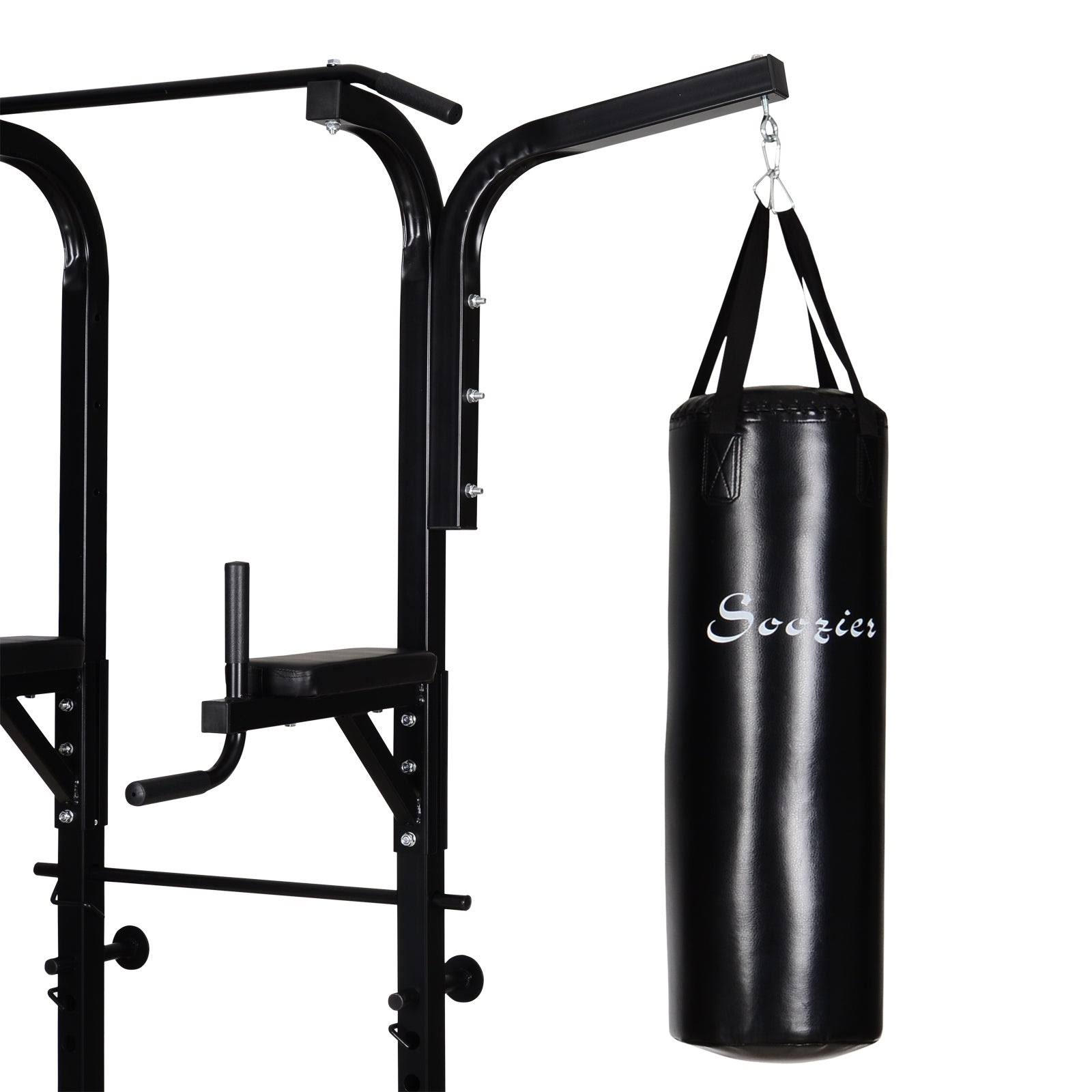 Soozier Home Gym Power Tower with Bench and Punching Bag, Multi-Function Adjustable Dip Sit Up Workout Station Equipment Heavy D