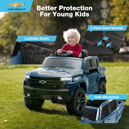 12V Kids Ride On Truck Car Licensed Chevrolet Silverado with Back Storage, Remote Control, LED Lights & MP3 Music, Chevy Silverado Trail Boss LT Electric Truck for Kids, Red