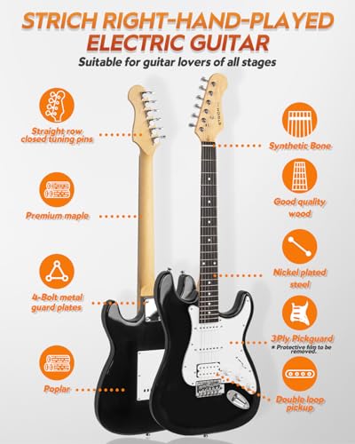 STRICH Electric Guitar Beginner Kit, Solid Body 39" Full Size Electric Guitar HSS Pick Up for Starter, with 10W Amp, Bag, Digital Tuner, Capo, Strap, String,Cable, Picks, SST-S20 Sunburst