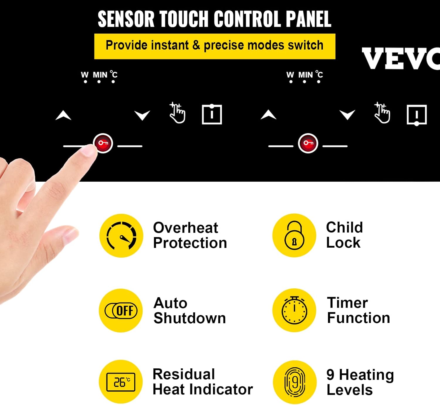 VEVOR Built-in Induction Electric Stove Top 5 Burners,35 Inch Electric Cooktop,9 Power Levels & Sensor Touch Control,Easy to Clean Ceramic Glass Surface,Child Safety Lock,240V