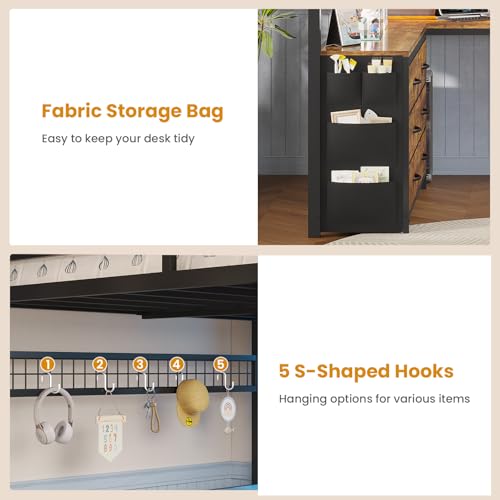 ADORNEVE Loft Bed Full Size with U-Shaped Desk, 6 Storage Drawers, Power Outlet, LED Metal Loft Bed with 2 Storage Shelves, Bed with Safety Guardrail & Ladders, No Box Spring Needed, Rustic Brown