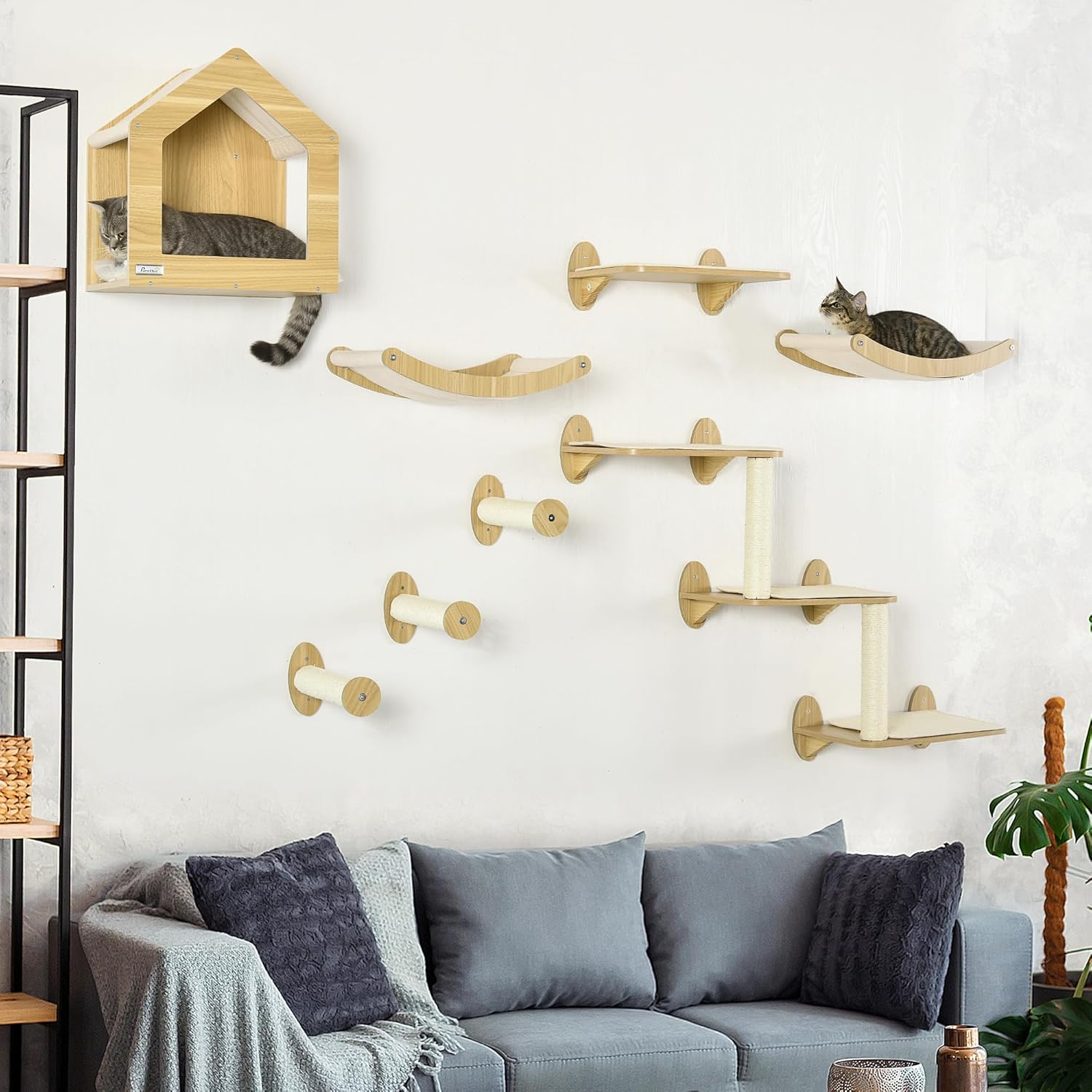PawHut 8Pcs Wall Mounted Cat Tree Cat Shelf Set, Cat Wall Furniture with Cat Hammocks, Condo, Perches, Steps, Modern Cat Tree for Indoor Cats