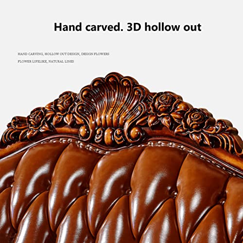 European-Style Leather Sofa, Solid Wood Carved High-end American-Style Sofa Villa Living Room Furniture Suitable for Villa Living Room with Pillows Stool