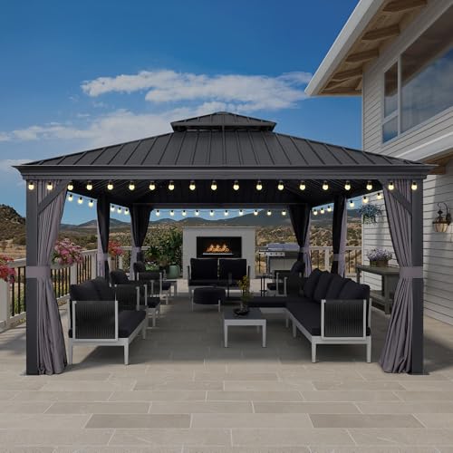 PURPLE LEAF 10' X 14' Permanent Hardtop Gazebo Aluminum Gazebo with Galvanized Steel Double Roof for Patio Lawn and Garden, Curtains and Netting Included, Grey