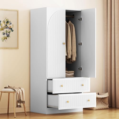 QHITTY Freestanding Bedroom Armoire Wardrobe with 2 Drawers, Bedroom Chest Clothes Storage with Clothing Rod and 2 Storage Doors for Bedroom, Living Room White
