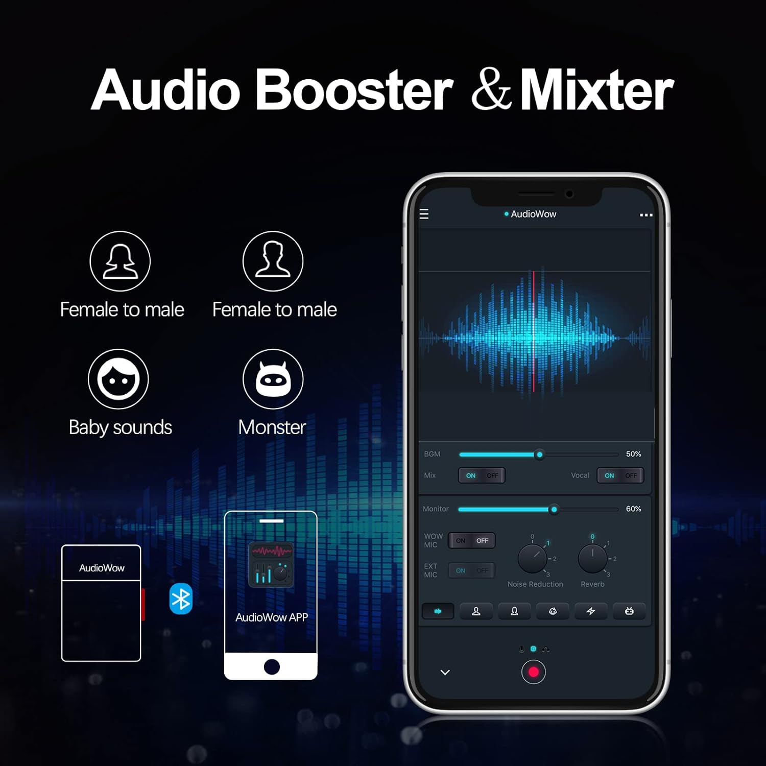 SabineTek AudioWo -Bluetooth Microphone Wireless Lapel Mic, Compact Wireless Clip -on Microphone,Bluetooth Lavalier Microphone for Smart Phone, Recording Video Vlogger, Sound Mixer,Remix Mic