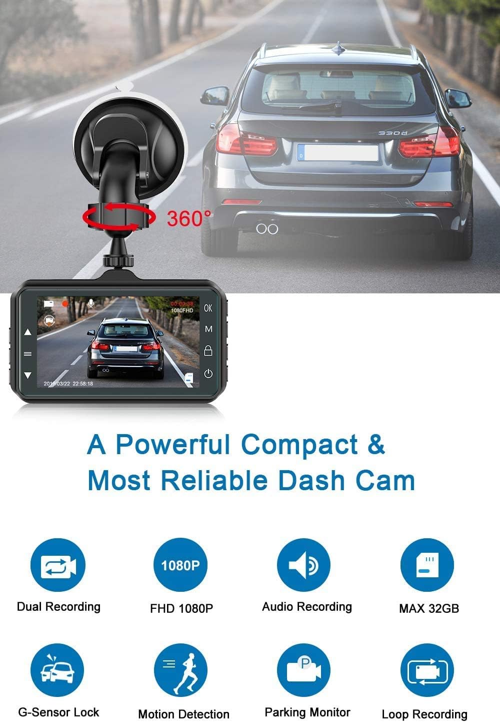 Dash Cam Front and Rear CHORTAU Dual Dash Cam 3 inch Dashboard Camera Full HD 170�� Wide Angle Backup Camera with Night Vision WDR G-Sensor Parking Monitor Loop Recording Motion Detection Pack of 2
