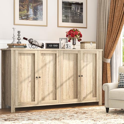 Buffet Cabinet with Storage Farmhouse Buffet Sideboard with 4 Doors, 55'' Large Kitchen Storage Cabinet Wood Coffee Bar Buffet Table for Kitchen, Dining Room, Entryway
