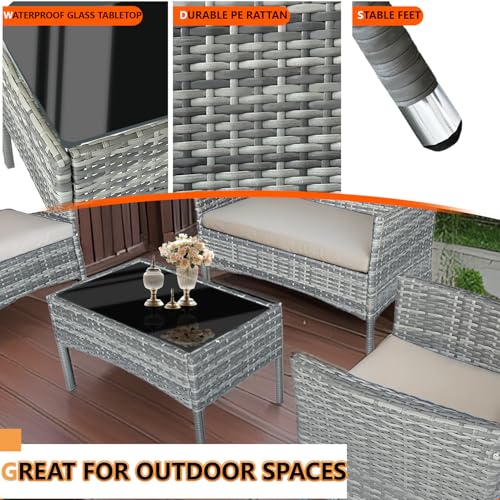 Patio Furniture Set 4 Pieces,Rattan Wicker Double Sofa, Coffee Table,Conversation Outdoor Sets, with Coffee Table and Soft Cushions, Garden Balcony Backyard Lounge Chairs (Black+Khaki Cusion)