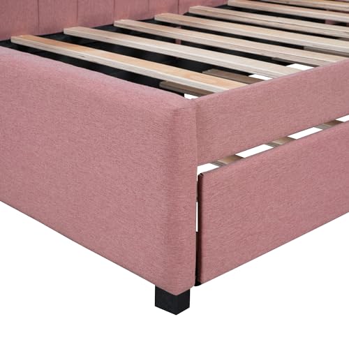 Full Size Upholstered Daybed with Smarter LED and Trundle, Teddy Fleece Sofa Bed with Ergonomic Design Backrest for Kids, Bedroom, Dorm (Beige#Teddy Fleece2, Full)