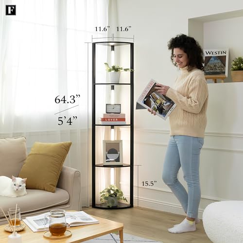 FENLO Fancy - LED Display Shelf with Dimmable Lights, LED Shelf Floor Lamps for Living Room, Sturdy Corner Shelf Curio Cabinet Display, Tall Floor Lamps with Shelves