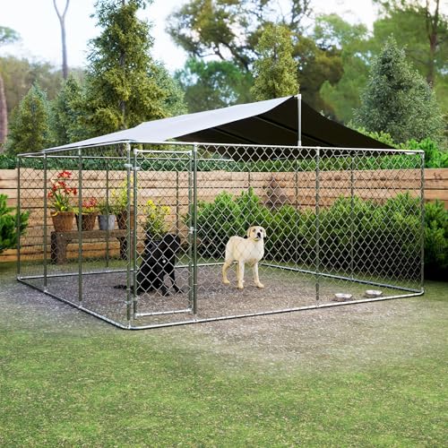 13.1x7.5x7.6 FT Outdoor Dog Kennel, Large Heavy Duty Galvanized Steel Dog Cage with Waterproof Cover, Dog Fence House w/Secure Lock, Anti Rust Dog Enclosure Playpen for Backyard, Silver