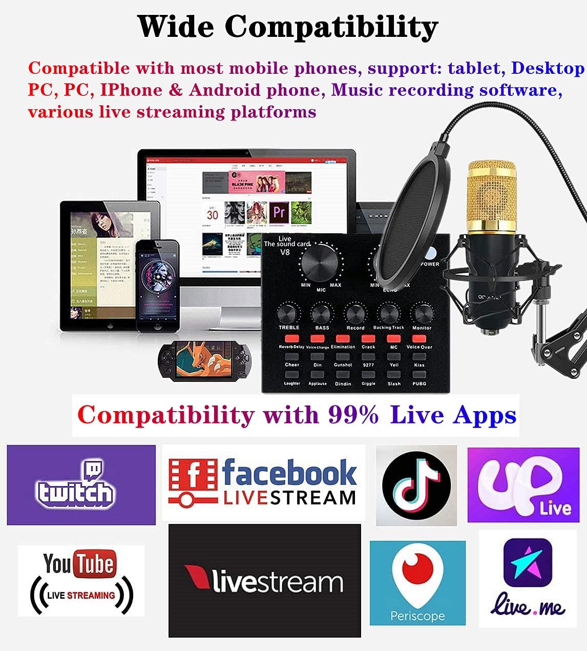 Podcast Equipment Bundle, BM-800 Recording Studio Package with Voice Changer, Live Sound Card - Audio Interface for Laptop Computer Vlog Living Broadcast Live Streaming YouTube TikTok (AM100-V8) Pack of 2
