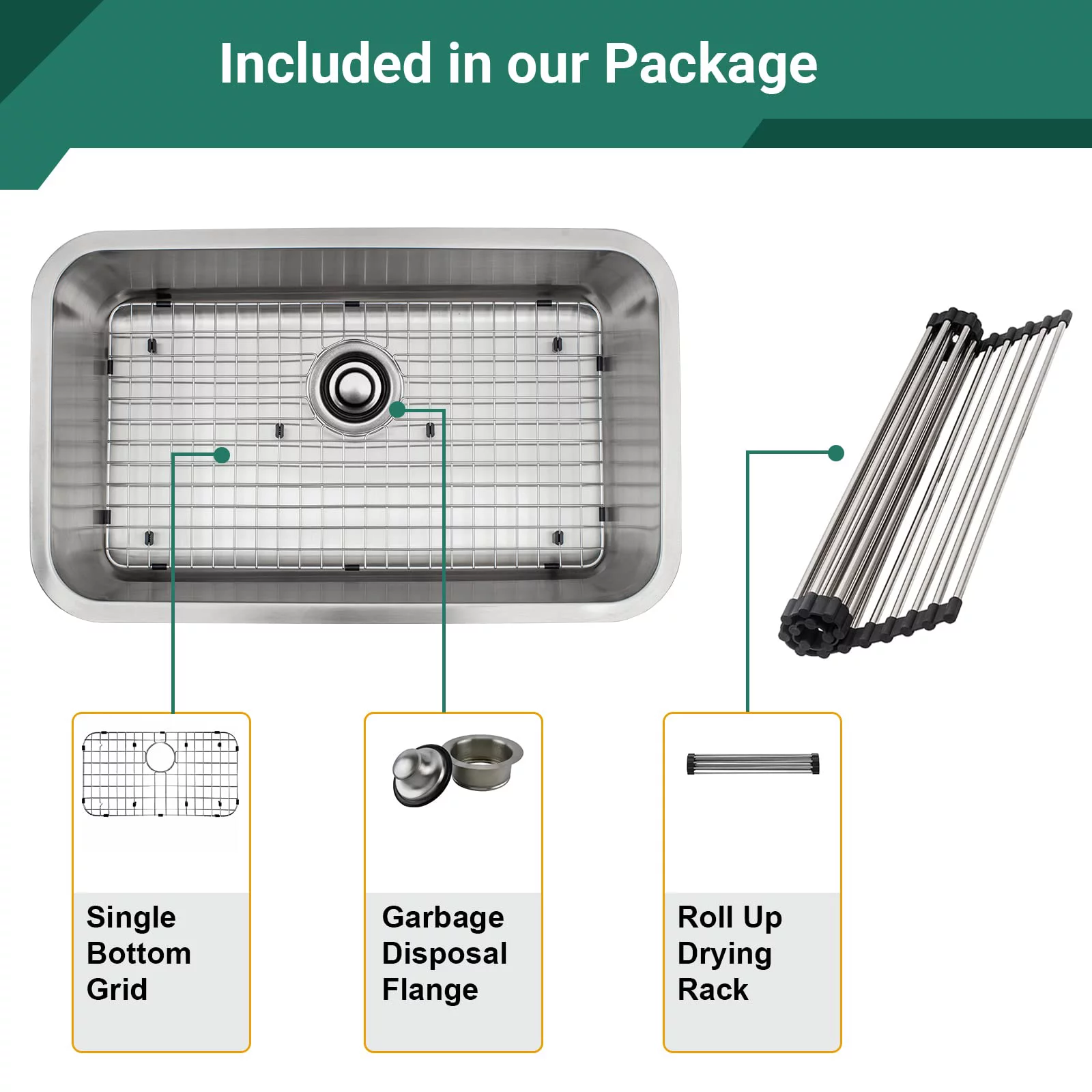 Strictly Sinks 29 Inch Undermount Kitchen Sink-Single Bowl Kitchen Sinks-18 Gauge Kitchen Sink-Ideal Sink for Kitchen with Single Disposal Flange (with Stopper), Bottom Grid & Roll Up Dish Drying Rack