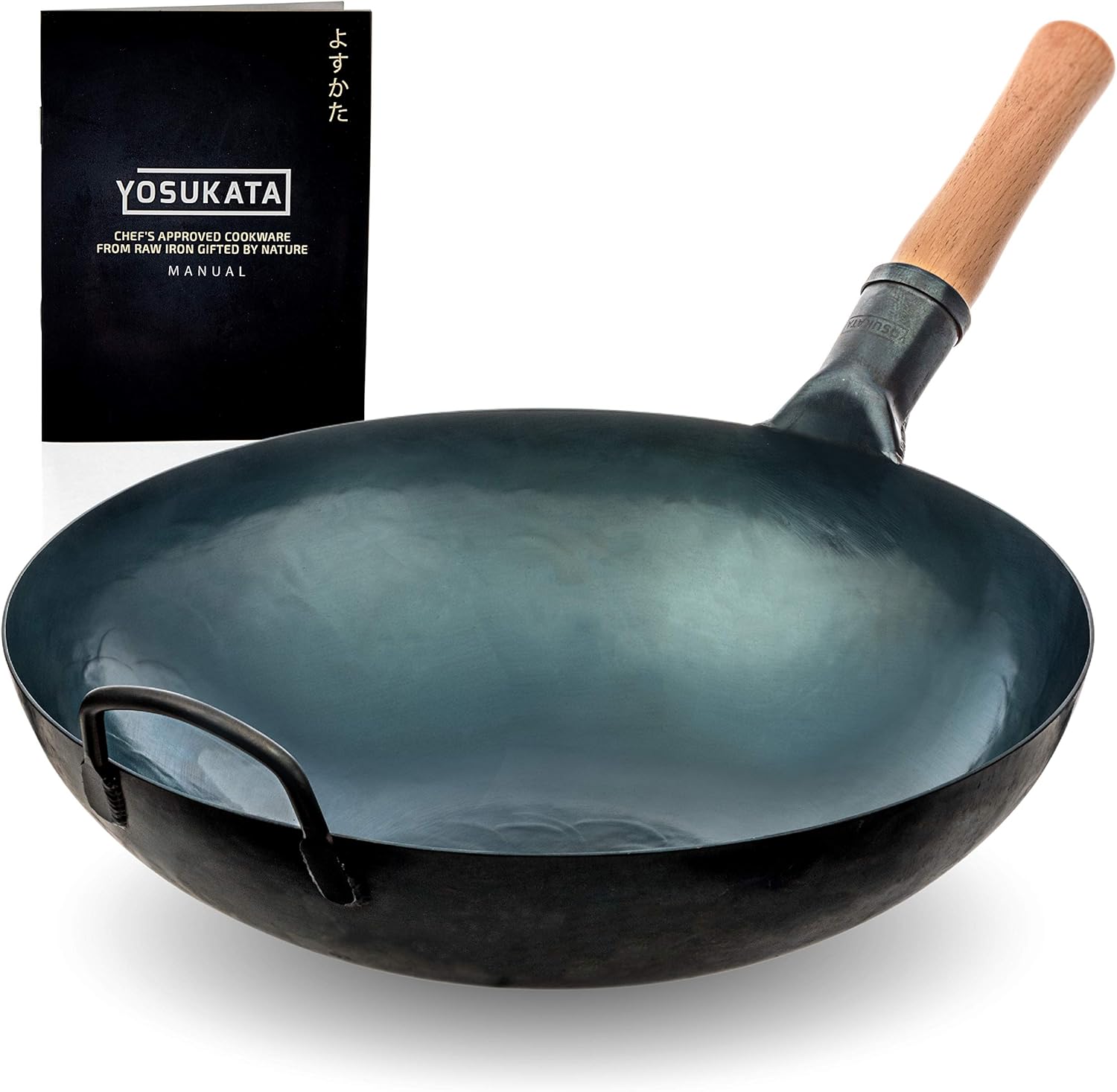 Yosukata Blue Carbon Steel Wok Pan – 14" Woks and Stir Fry Pans - Chinese Hammered Wok Round Bottom Pow Wok - Traditional Chinese Japanese Woks - Blue Steel Wok (14", Blue) Pack of 2