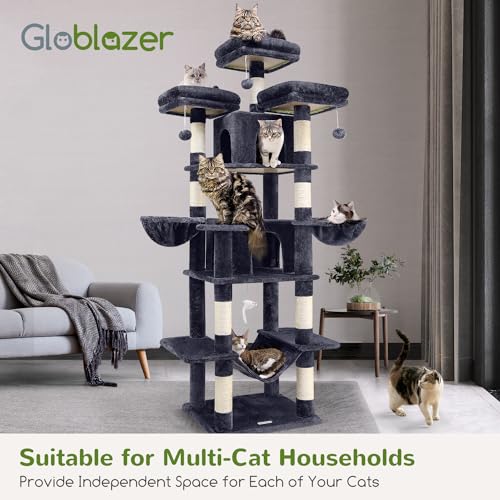 Globlazer Big Cat Tower for Indoor Cats, 80inch Cat Tower for Multiple Adult Cats XXL Cat Tree with Scratching Post, Hammock, 3 Perches, 2 Condos, 2 Hanging Basket, F80, Light Grey