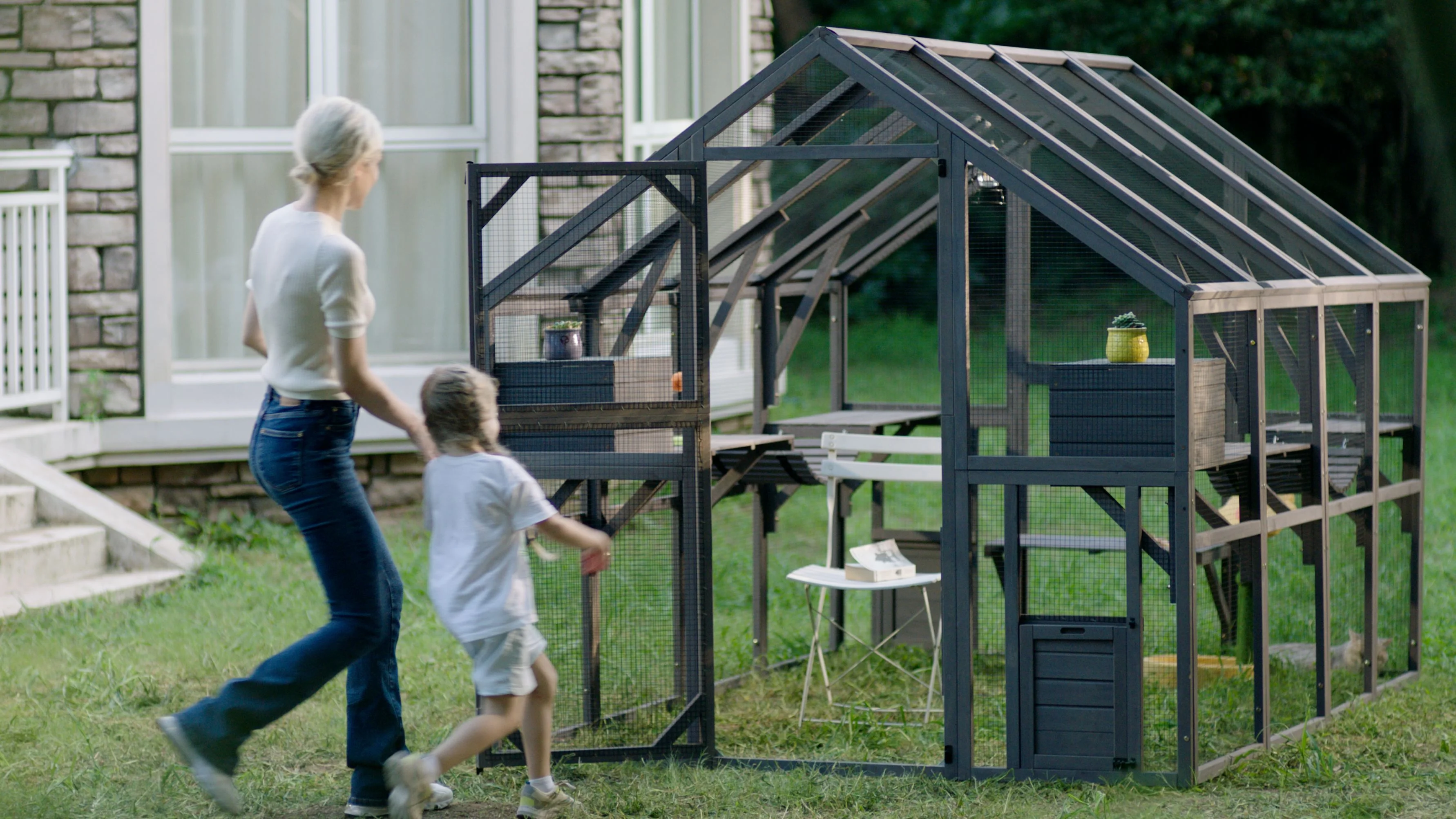 Morgete 110'' Extra Large Cat House Outdoor Walk-in Enclosure Wooden Catio Cage with Bridges, Platforms, Rest Rooms, Roof Cover