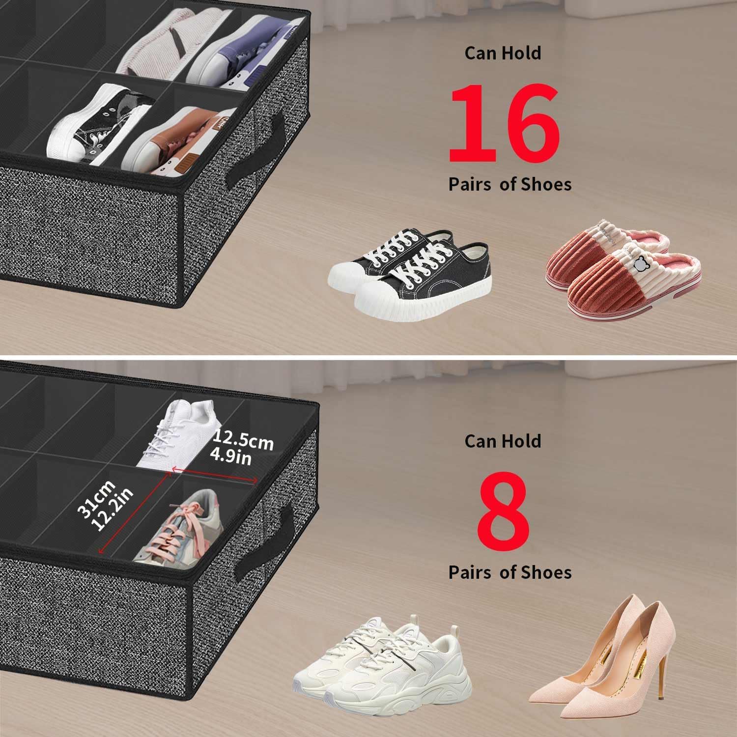 Under Bed Shoe Storage Organizer with Sturdy Handles and Clear Window  Premium Foldable Underbed Shoes Container Box for Closet, Linen-like Black