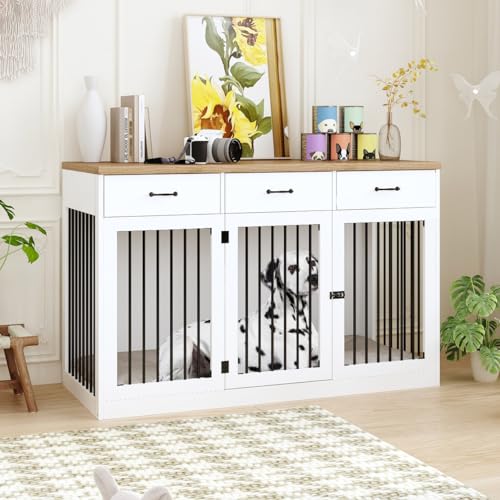 Extra Large Dog Crate Furniture with 3 Drawers, Indoor Heavy Duty Dog Kennel House, 55.3" Furniture Style Dog Crate Side End Table TV Stand for XL Large Medium Breed Dogs, White