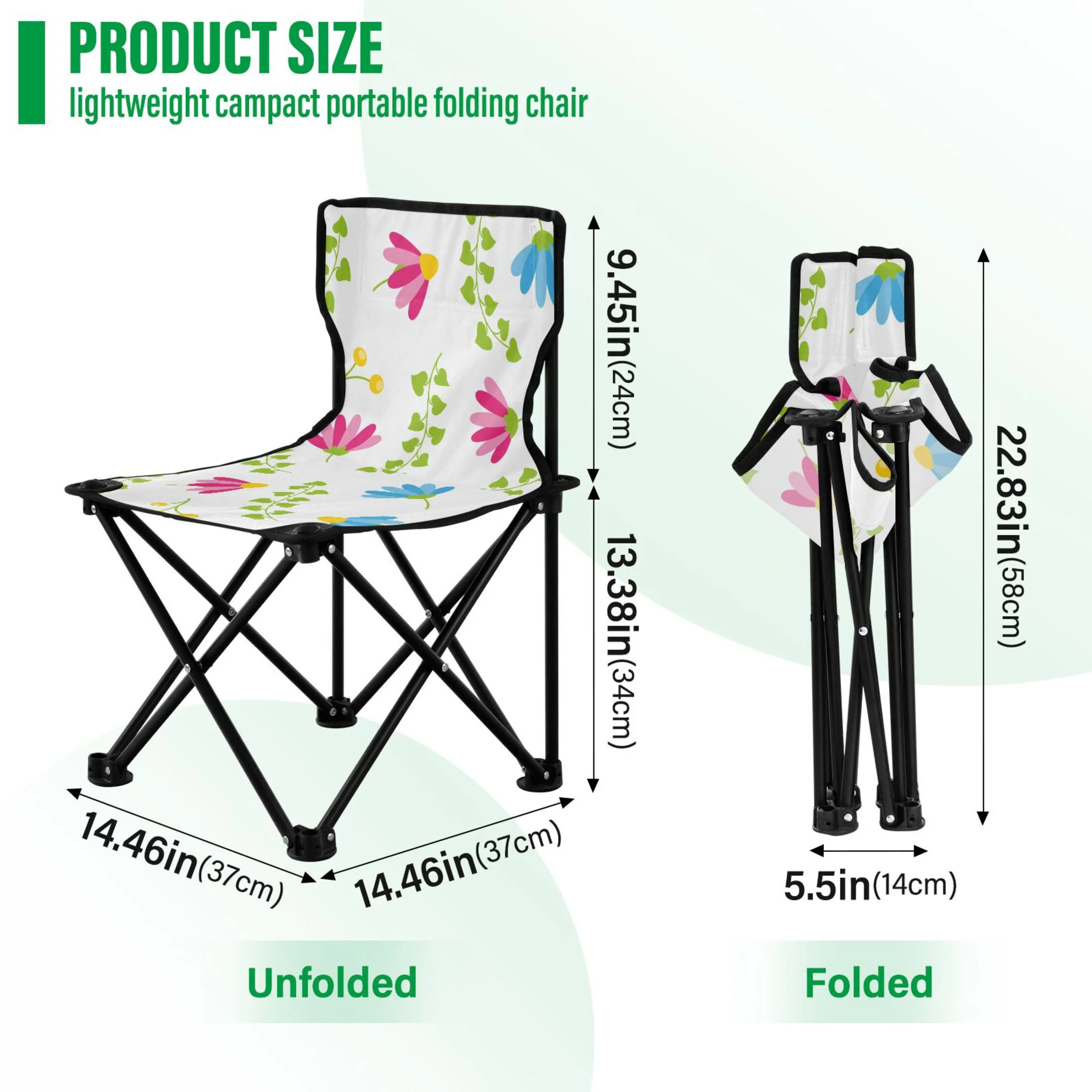 Pink Floral Green Leaves Portable Camping Chair Outdoor Folding Beach Chair Fishing Chair Lawn Chair with Carry Bag Support to 220LBS