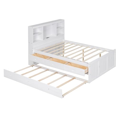 Full Size Platform Bed Bookcase Captain Bed with 6 Drawers and Bed End Storage Case, Wood Captain Platform Bed Frame with Storage Headboard, Sturdy Slat Support (Grey-4)