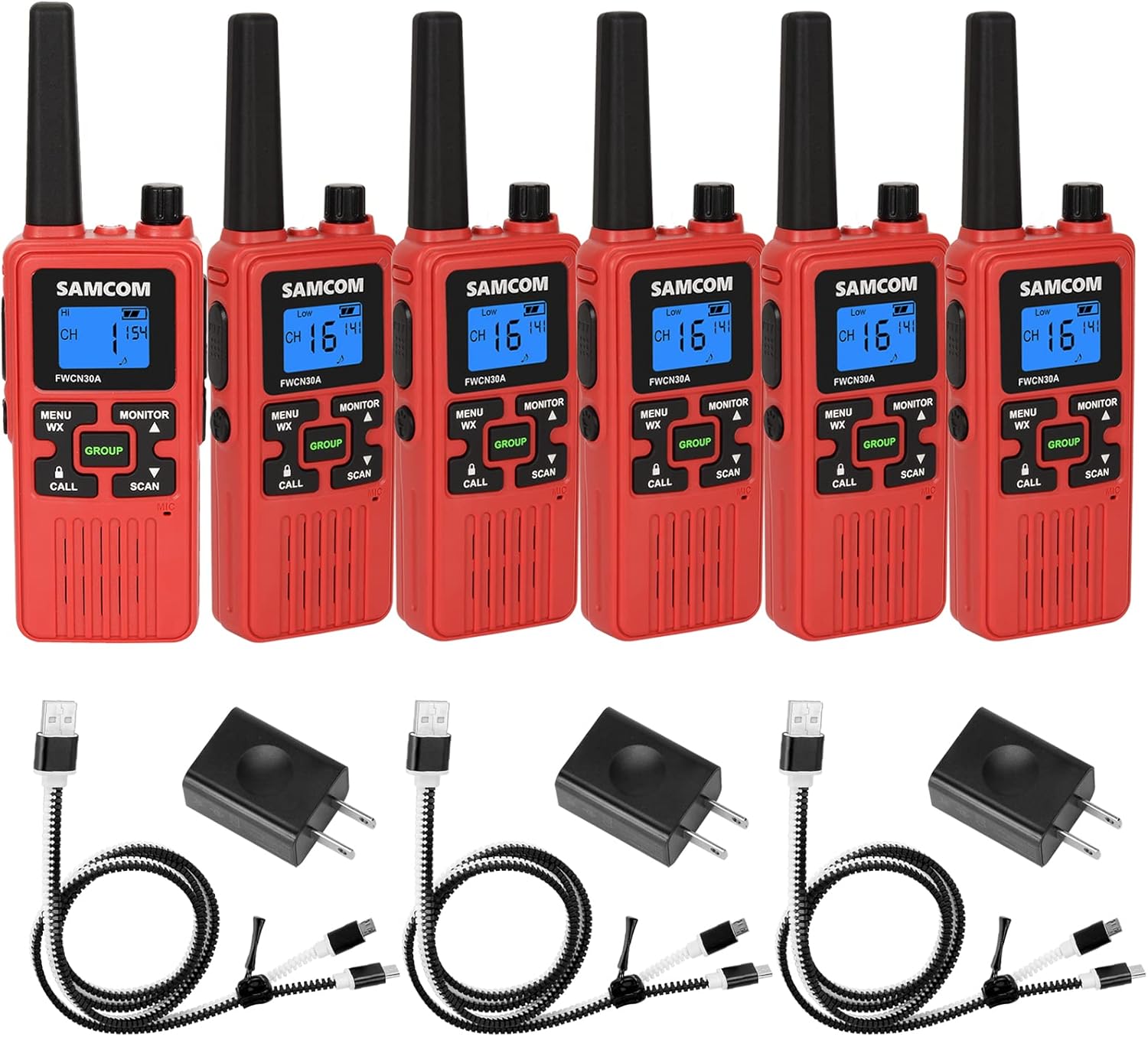 Walkie Talkies Long Range, SAMCOM FWCN30A FRS 2-Way Radios Rechargeable for Adults, Walky Talky with 1250mAh Battery/NOAA Weather Scan for Family Outdoor Activities (6 Pcs Black)