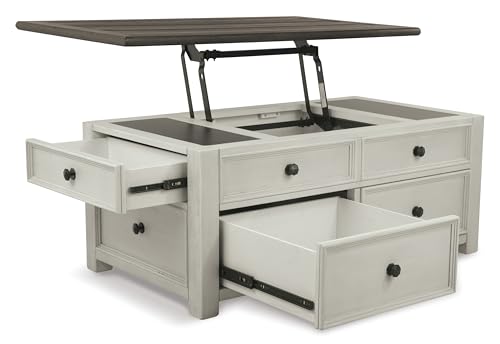 Signature Design by Ashley Bolanburg Farmhouse Lift Top Coffee Table with Drawers, Antique Cream & Brown