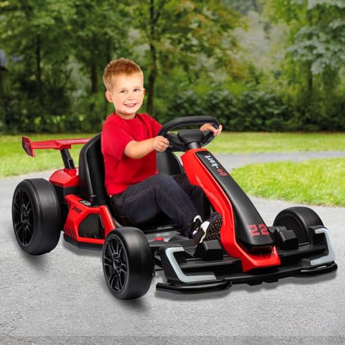 24V Electric Go Kart for Kids，Powerful Drift Kart with Adjustable Seat, 2x150 Motor, 8.5 Mph Speed, 4 Speed Modes, Led Lights, Music, and Honking Horn for Ages 6-12,Red