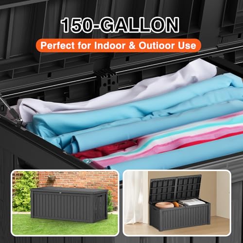 260 Gallon UV Resistant Outdoor Storage Box Waterproof, Lockable Resin Deck Box for Garden Tools, Sports Equipment and Cushions, Gray