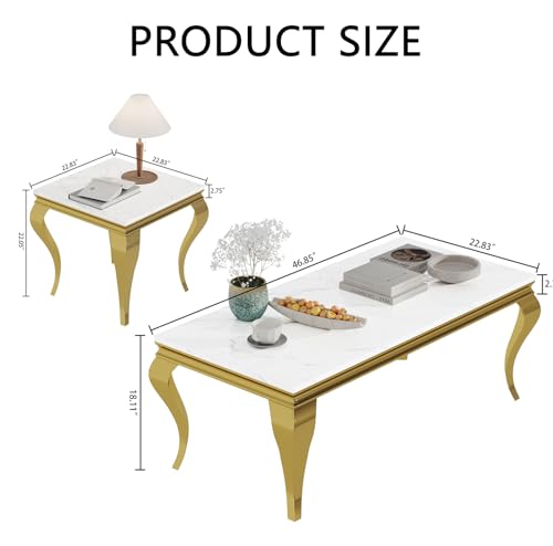 3 Piece Living Room Table Set, White Coffee Table & End Side Table & Console Table, Faux Marble Top Coffee Table Set with Silver S Steel Legs for Home Office, Luxury Home Coffee Table Set of 3