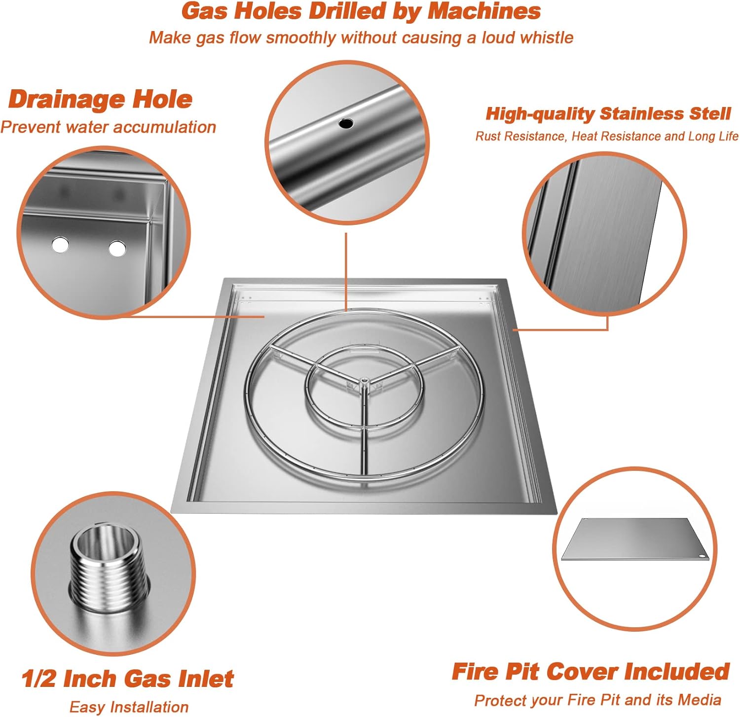 Skyflame 30" x 30" Square DIY Drop-in Firepit System Assembly Set with Stainless Steel Fire Pit Burner Pan, Burner Ring and Protective Cover, Fit for Both Natural Gas and Liquid Propane
