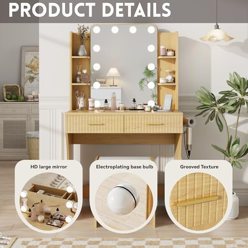 Vanity Desk with LED Lighted Mirror, Makeup Vanity with 3 Adjustable Lights, 2 Large Drawers and 4 Open Shelves, White Vanity with Storage Stool for Bedroom