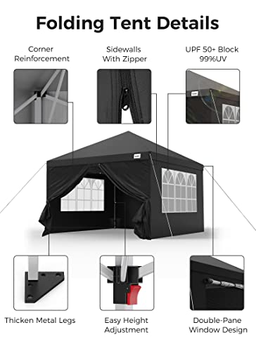 Pop up Canopy Tent with Window, 10x10 Ft Outdoor Gazebo Tent with Removable Zip up Sidewall and Doors, 1 Bonus Wheeled Case, Waterproof Camping Shelter for Patio Family Wedding Events, Black
