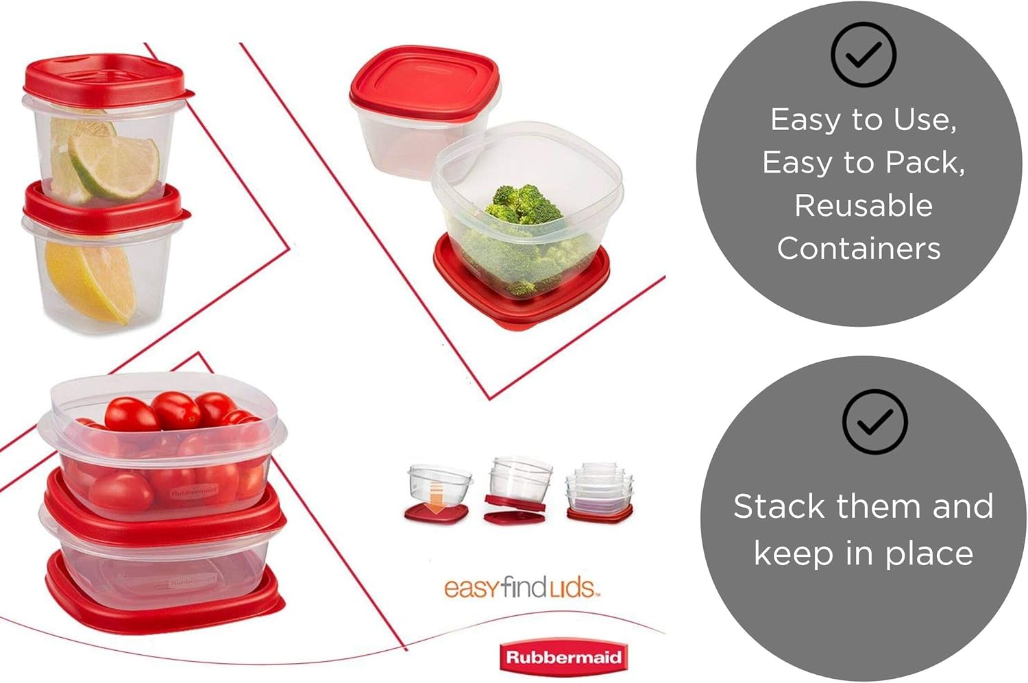 Rubbermaid Easy Find Lids Food Storage Containers with Lids - BPA-Free Durable Plastic Food Containers Great for Home, School, Travel - Freezer, Microwave, and Dishwasher Safe - 28 Piece Set - Red