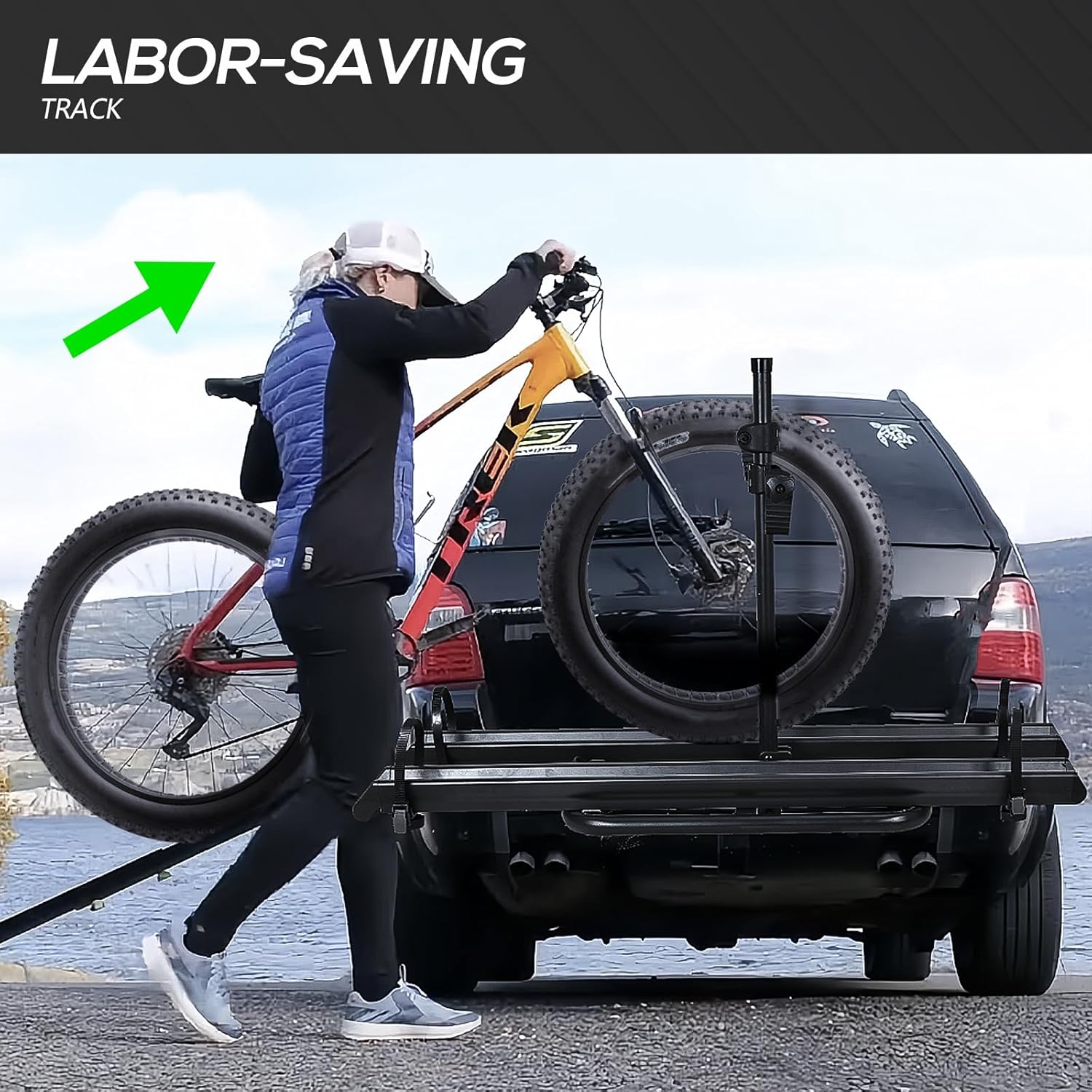 2 EBike Rack with Ramp, up to 4" Fat Tire Carrier, 200 LBS Capacity Electric Bicycles Racks, Lockable & Foldable Bike Racks Platform for Standard, Fits 2" Hitch for SUVs Cars Trucks Vans