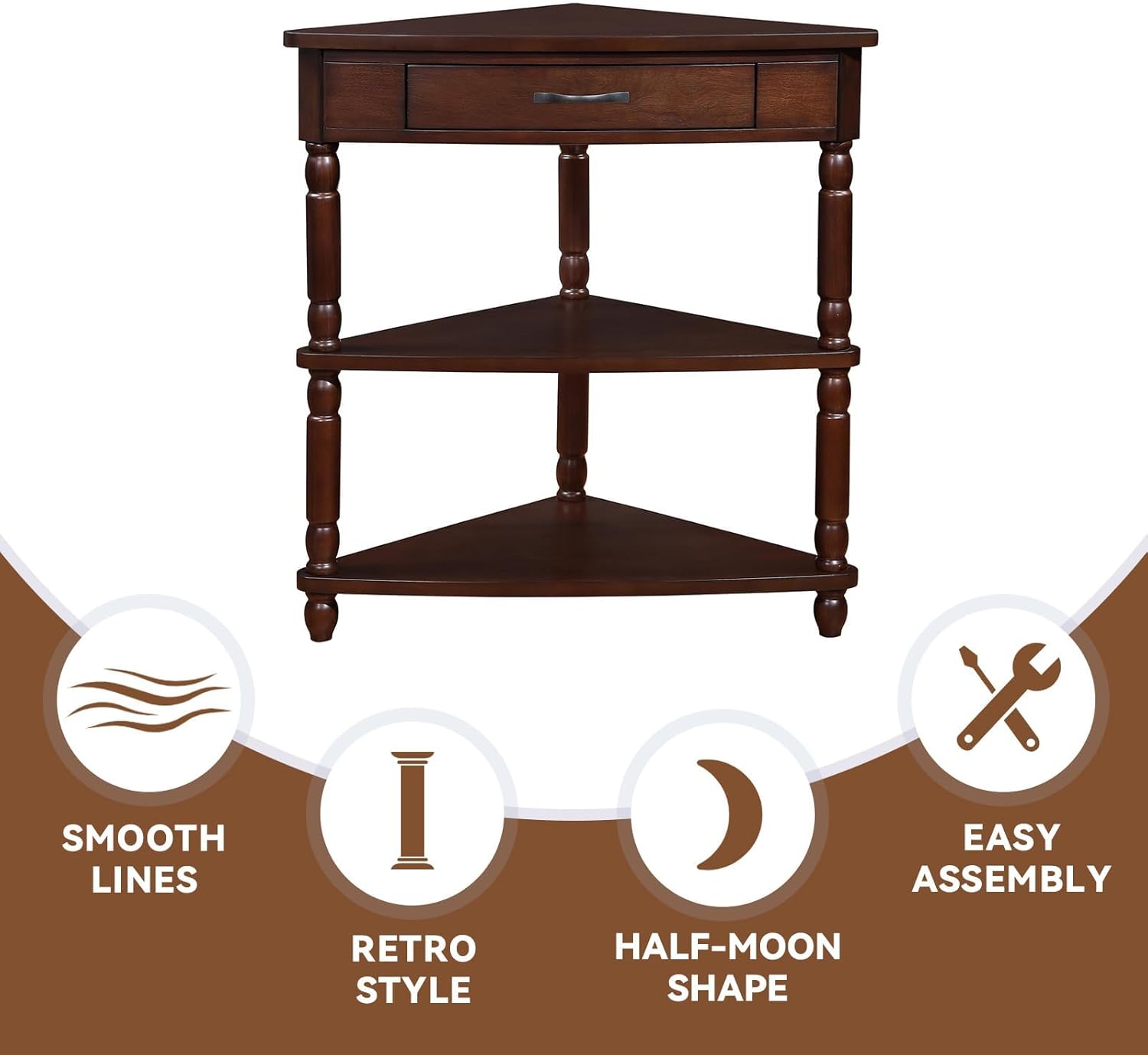 Classical Triangle Corner Table, Wood Corner Side Table with 1 Storage Drawer, 3 Tier End Corner Table with Solid Wood Legs for Small Spaces, Living Room,Bedroom, Light Espresso