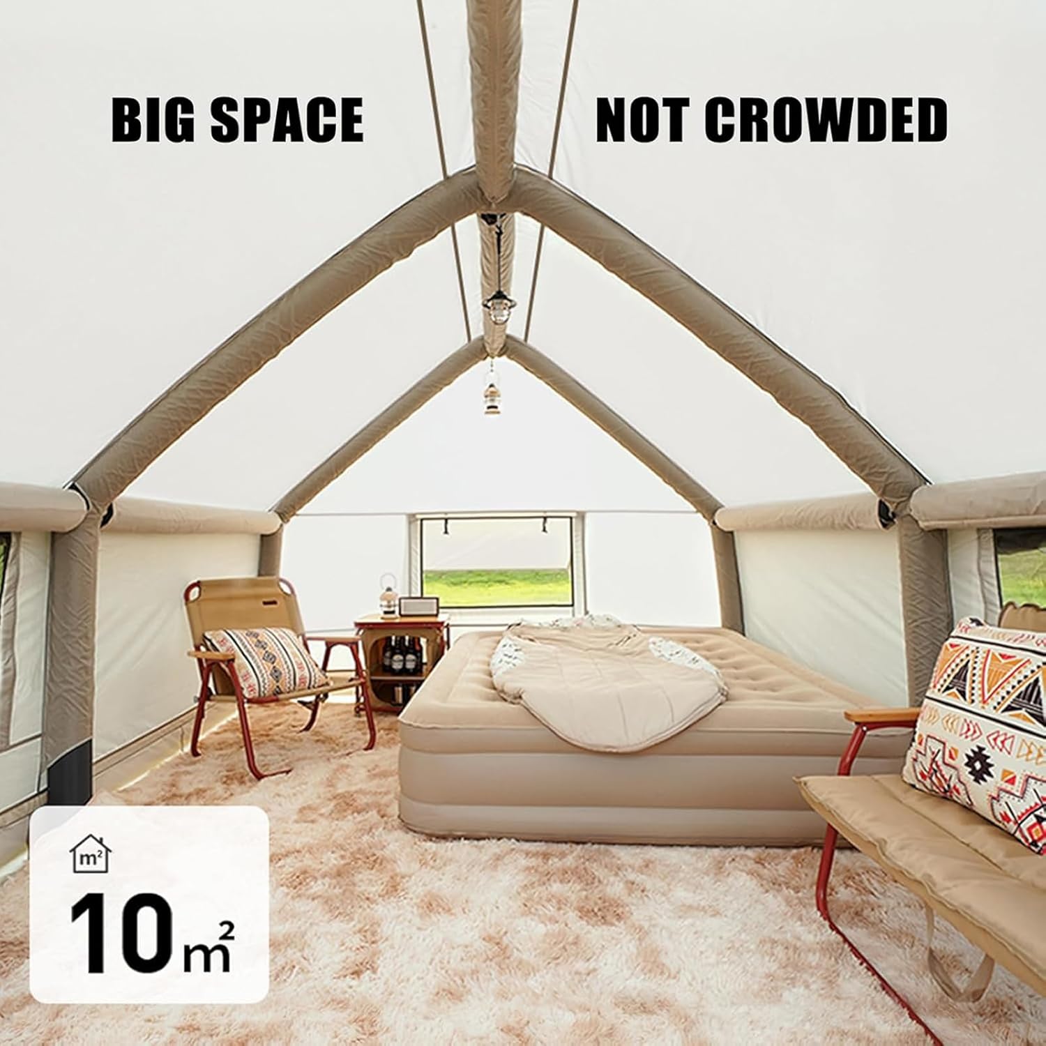 Inflatable Camping Tent with Chimney Opening, Outdoor Tent Inflatable 6-8 People with Air Pump & Skylight, Large Family Tent, 4 Seasons