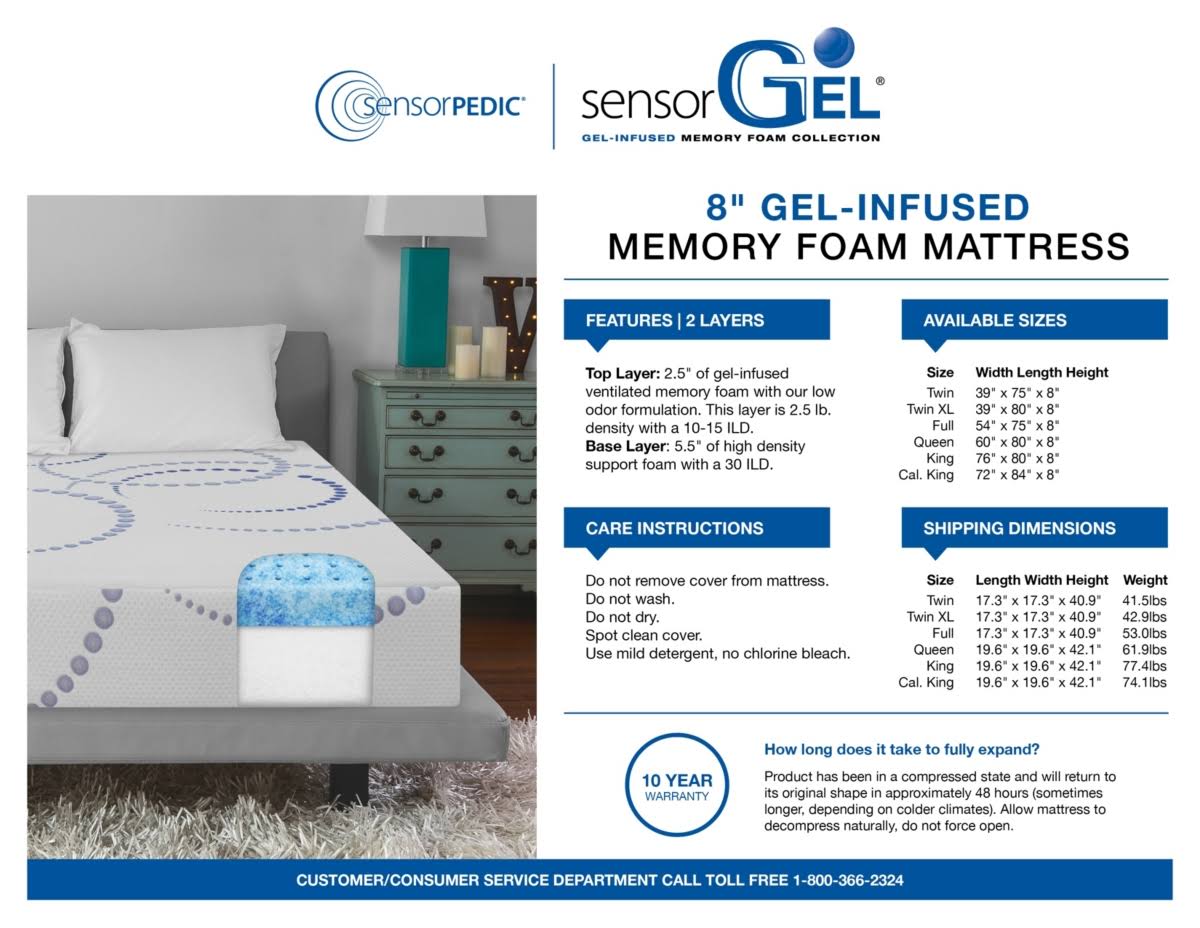 SensorGel 8" Firm Cool Gel Memory Foam Mattress, Quick Ship, Mattress in A Box- Twin - White