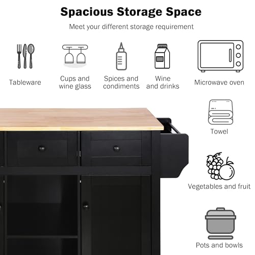 53.5Inch Kitchen Island with Power Outlet, Storage Cabinets Trolley with Drop Leaf, Spice Rack and Drawer, Rolling Kitchen Cart on Wheels, for Farmhouse and Dining Room, Black