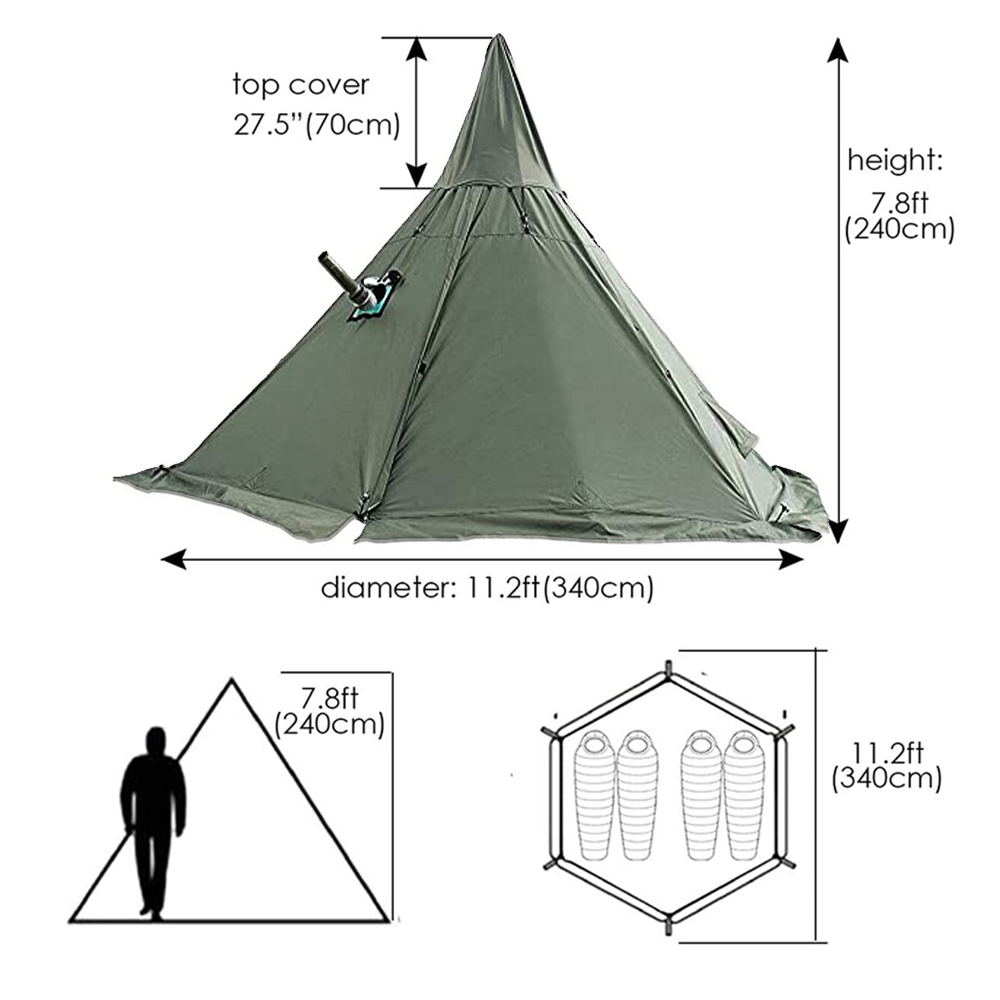 UNISTRENGH 4 Season Waterproof Oxford Teepee Tent With Stove Jack For Camping Hiking Green Pyramid Tent With Full Mesh