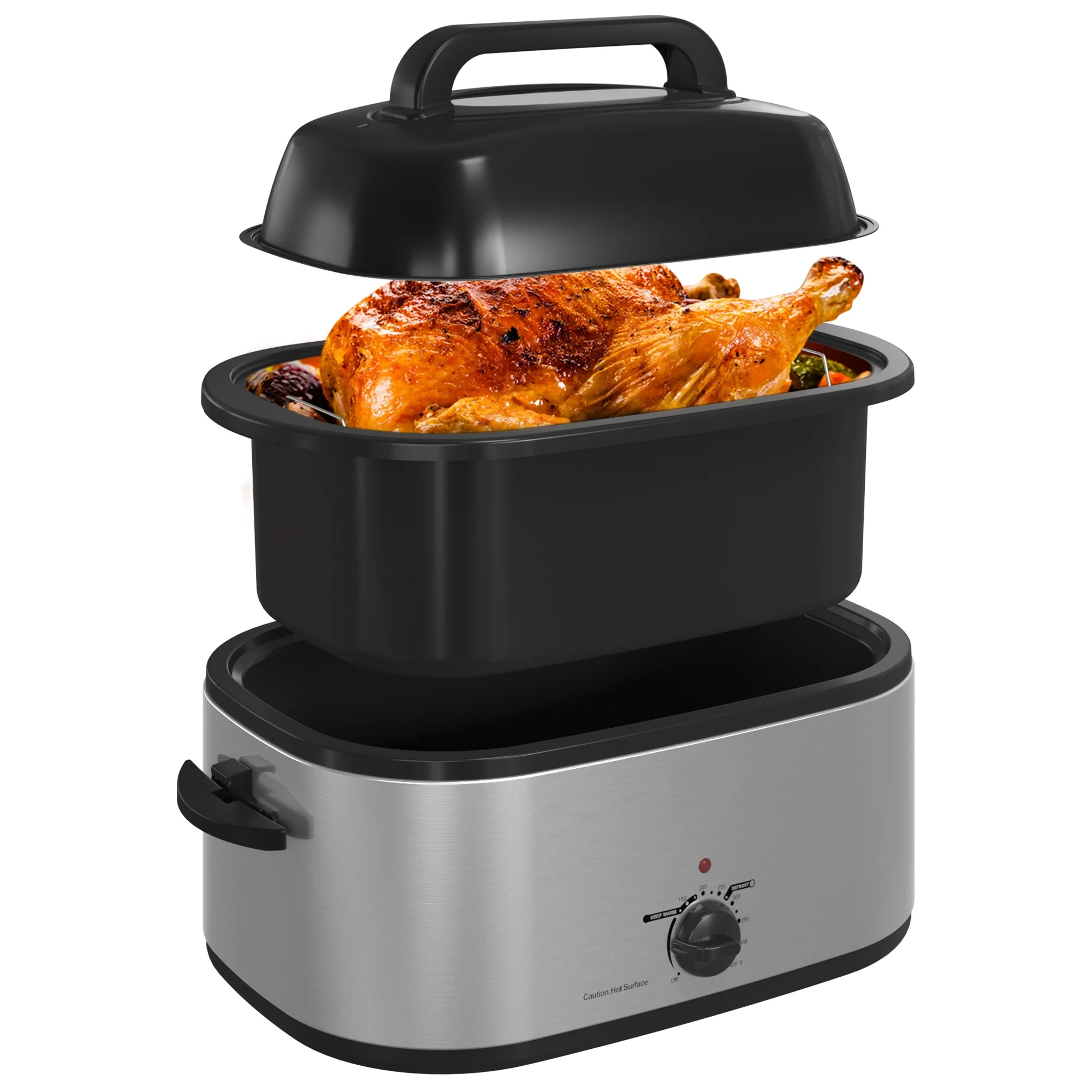 RoyalCraft 22 Quart Electric Roaster Oven with Visible & Self-Basting Lid, Stainless Steel, Silver