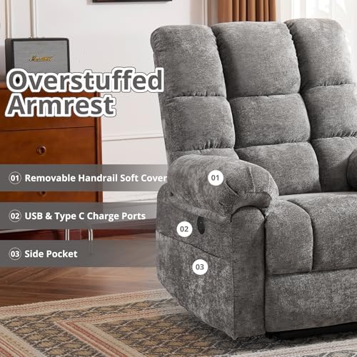 Oversized Power Lift Recliner Chair for Elderly, Extra Wide Lift Chair with Masssage and Heat, Chenille Electric Recliner Chairs for Big and Tall, USB Ports, Coffee