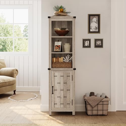 LINSY HOME Bathroom Storage Cabinet, Farmhouse Narrow Storage Cabinet with Door & Adjustable Shelves, Tall Linen Tower for Bathroom, Living Room, Light Brown