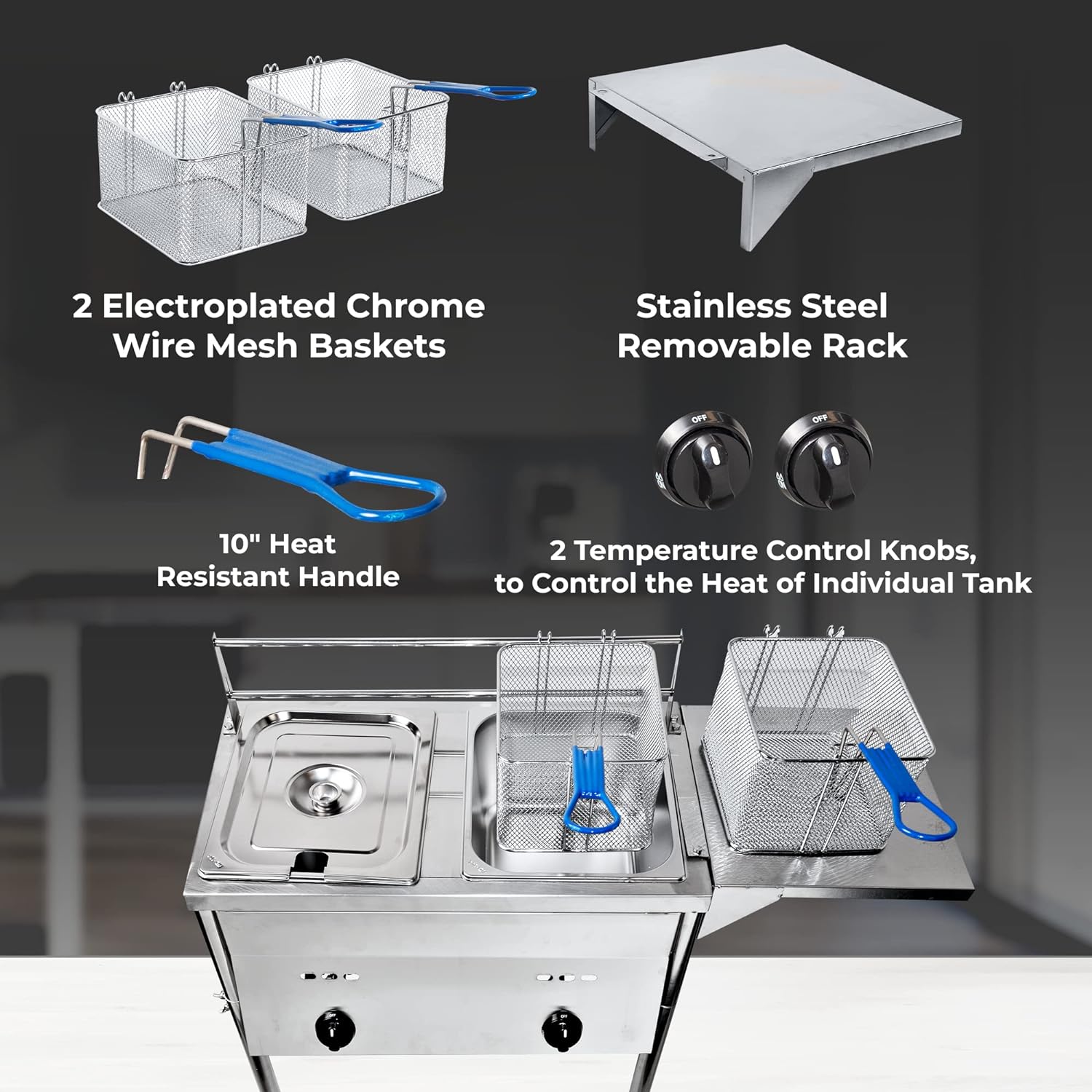 Silver Deep Fryer with Thermometer, Propane Deep Fryer with 2 Stainless Steel Baskets & Lids, Adjustable Temperature with Regulating Knobs