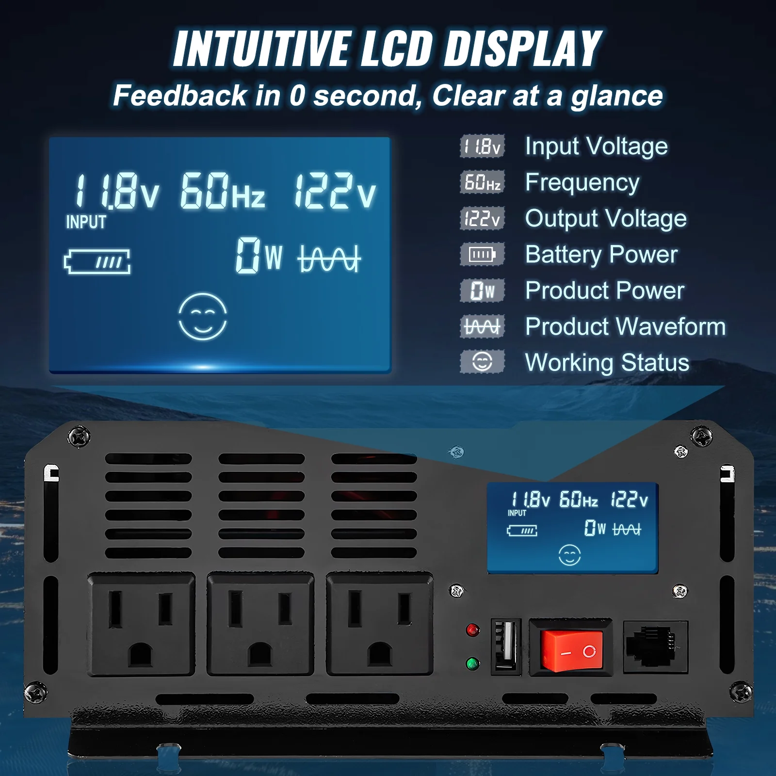 VEVOR 2500 W 5000W Pure Sine Wave Inverter, DC 12V to AC 120V Car Inverter with USB Port, LCD Display, and Remote Controller Power Converter