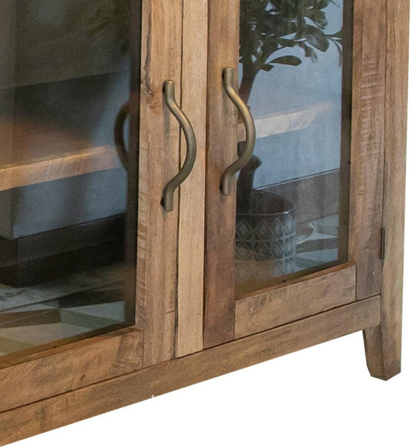Benjara Asic 57 Inch Sideboard Console Cabinet, Glass Doors, Rustic Brown, Shelf
