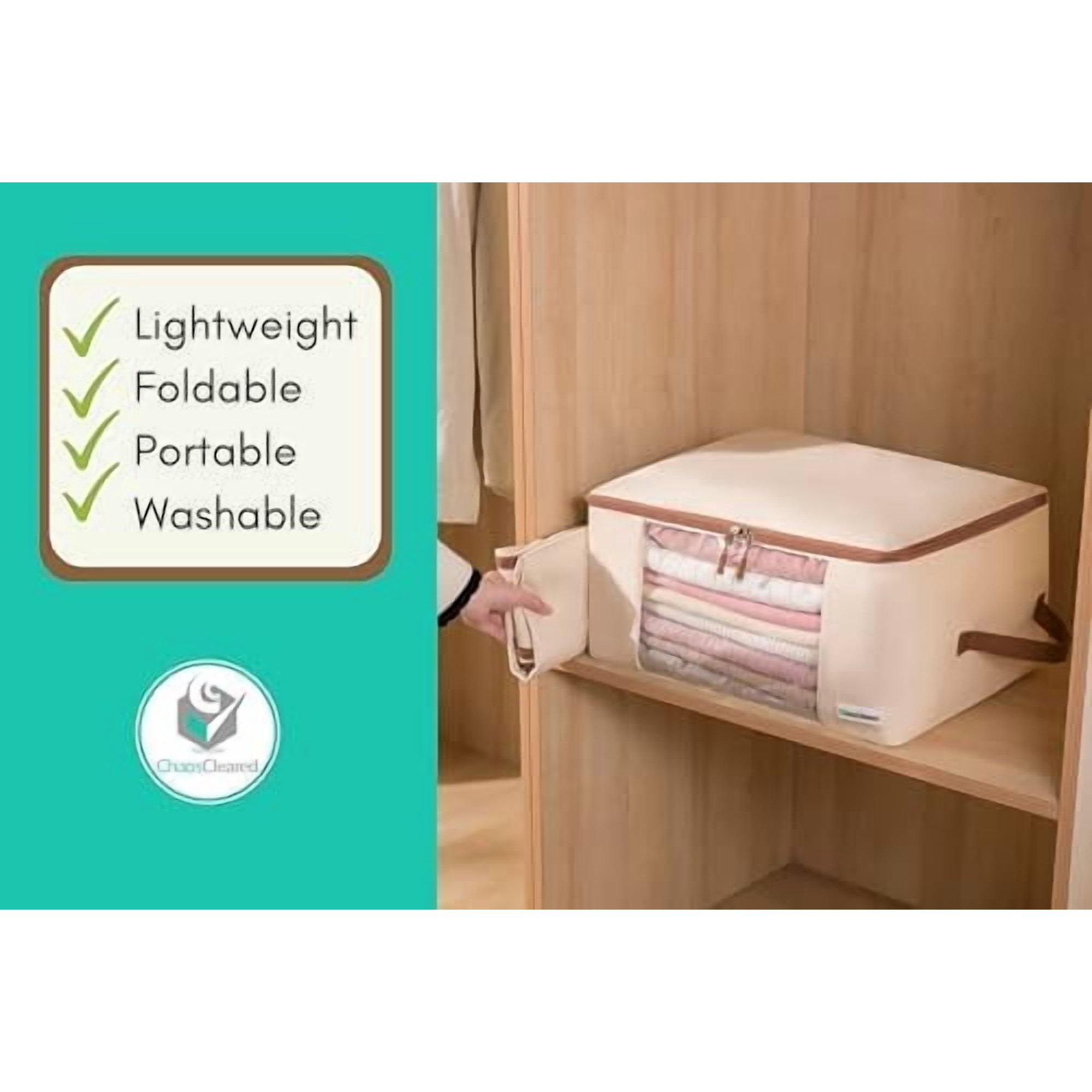 Canvas Clothing Storage 2 Bags Clothes Organizer folding fabric bags for sweaters, clothing, garment, bedding, quilt, linens, large folding organizers with zip &amp; window, mothproof underbed