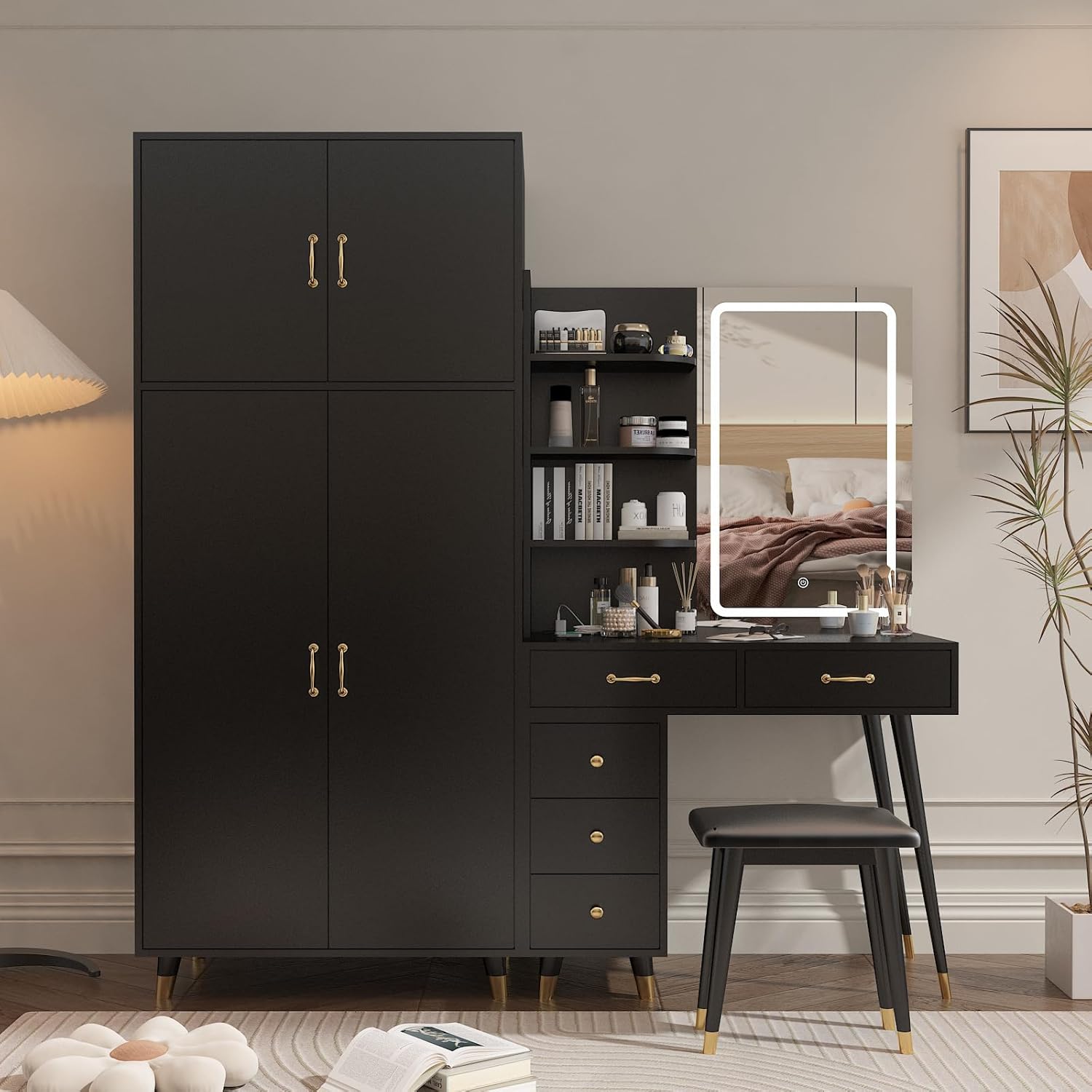 Black Makeup Vanity Desk with 4 Door Bedroom Closet, Lights Mirror, Black Vanity Table and Stool Set, Dressing Table with Armoire Wardrobe Set, Vanity Desk and Tall Storge Cabinet 170 x 50 x 185CM