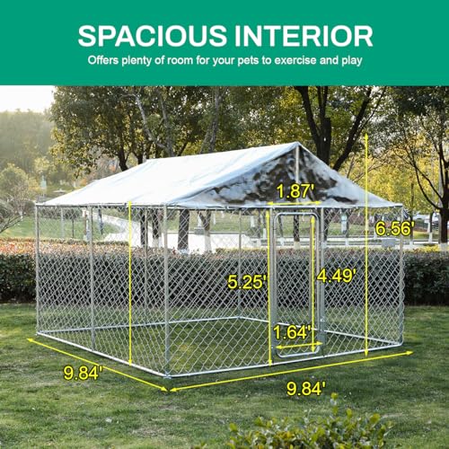 LEISU Outdoor Dog Kennel, Outside Dog Kennel with Roof, Large Dog Run Enclosure, Heavy Duty Dog Pens House, Pet Playpen with Galvanized Chain Link Waterproof Cover (8 x 8 FT)